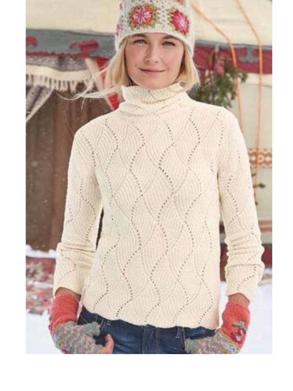 Sundance Pointelle Knit Cream Turtleneck Sweater Petite Medium - Picture 1 of 8